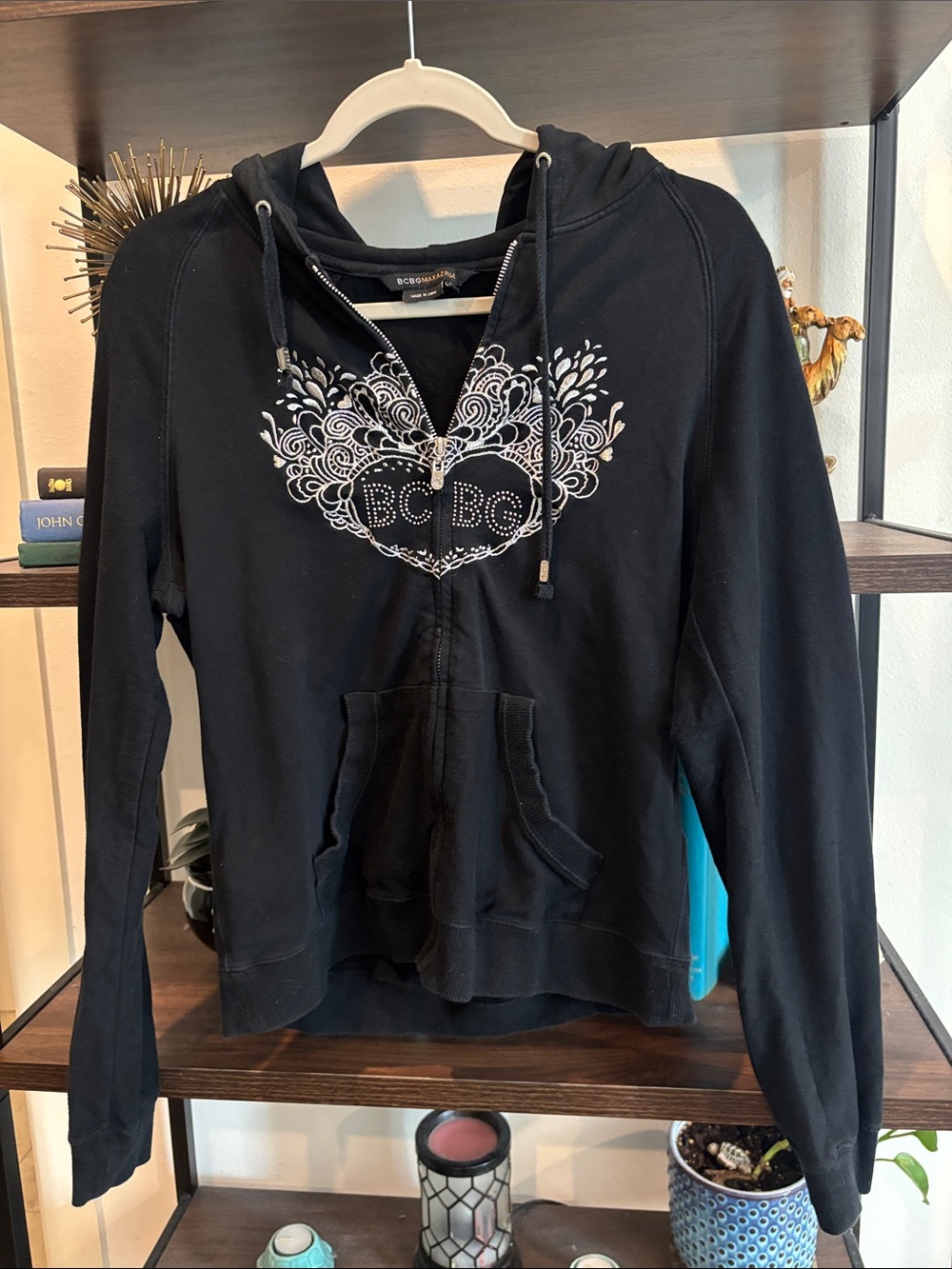 BCBGMaxazria Black Studded Zip Hoodie White Heart Lace Embroidery Medium Y2K